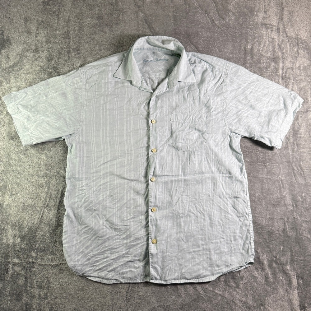 Tommy Bahama Linen Shirt Camp Collar Short Sleeve Button Up Light Blue M